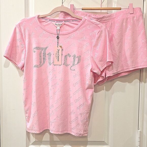 Juicy Couture Signature Diagonal Embossed Logo Rhinestone Juicy Velour PJ Set - Picture 4 of 6